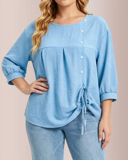 Curvvvy® Textured Button-Detail Drawstring Blouse