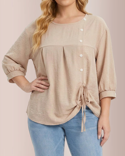 Curvvvy® Textured Button-Detail Drawstring Blouse