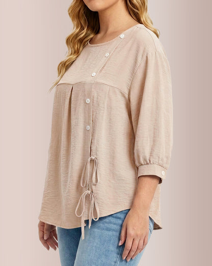 Curvvvy® Textured Button-Detail Drawstring Blouse