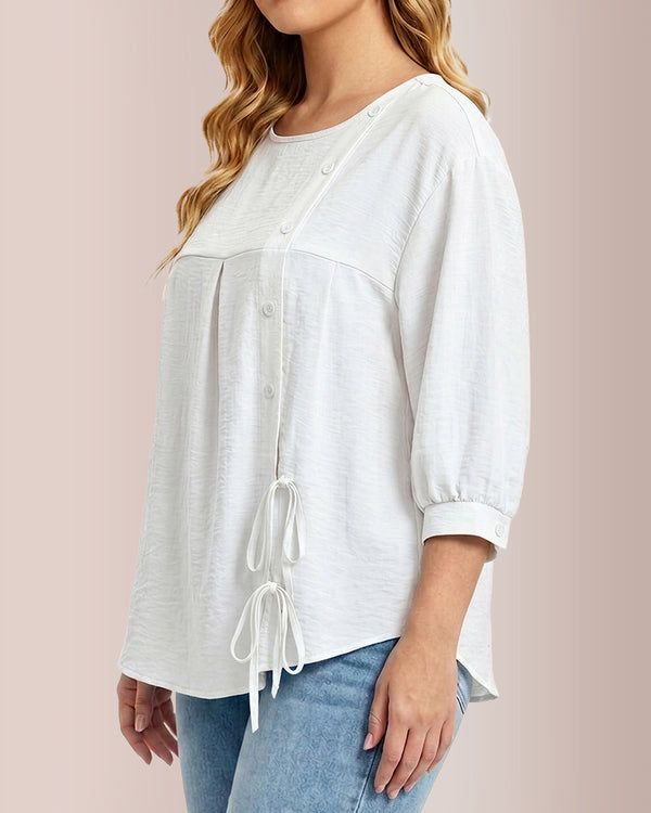 Curvvvy® Textured Button-Detail Drawstring Blouse