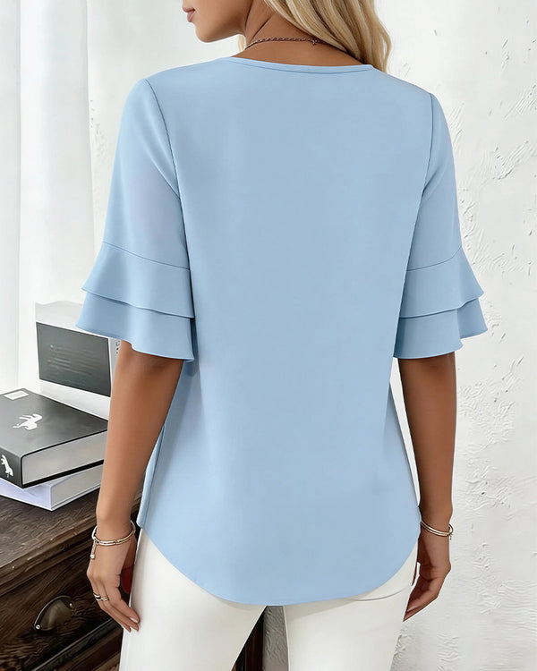 Curvvvy® Ruffle Short Sleeve Pleated Blouse Summer Loose T-Shirt Top