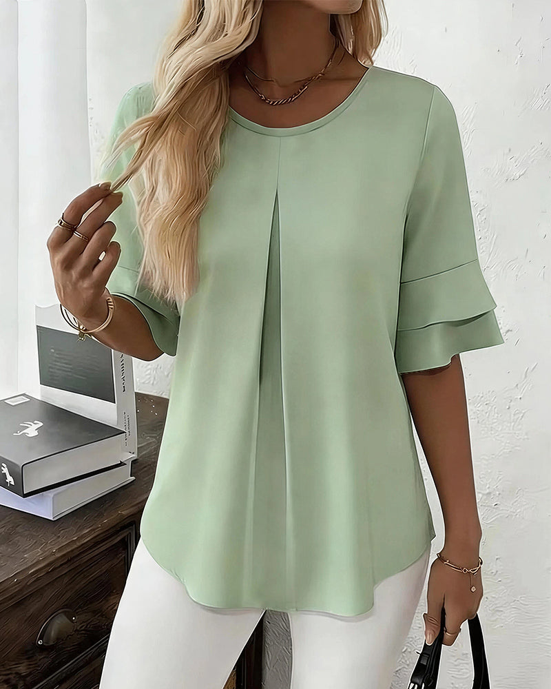 Curvvvy® Ruffle Short Sleeve Pleated Blouse Summer Loose T-Shirt Top