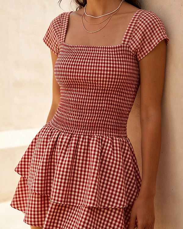 Curvvvy™ French Pastoral Gingham Smocked Ruffle Mini Dress