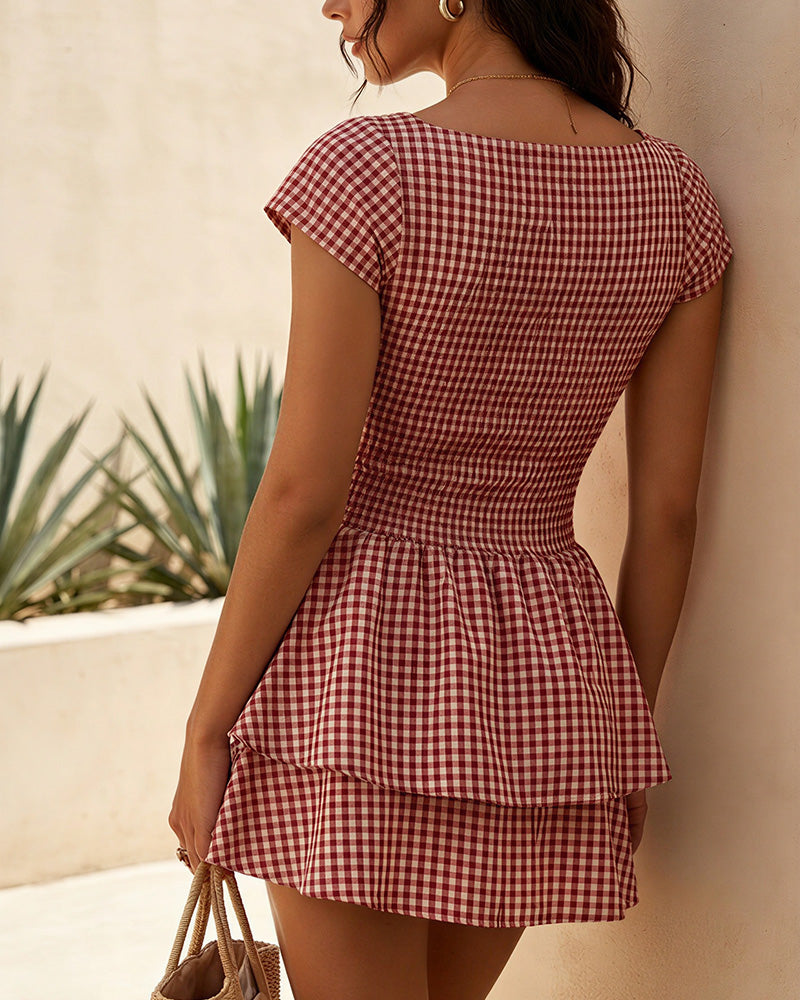 Curvvvy™ French Pastoral Gingham Smocked Ruffle Mini Dress