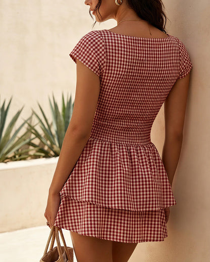 Curvvvy™ French Pastoral Gingham Smocked Ruffle Mini Dress