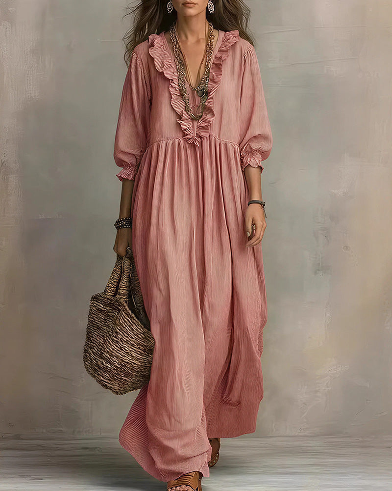 Curvvvy™ Boho V-Neck Ruffle Striped Maxi Dress