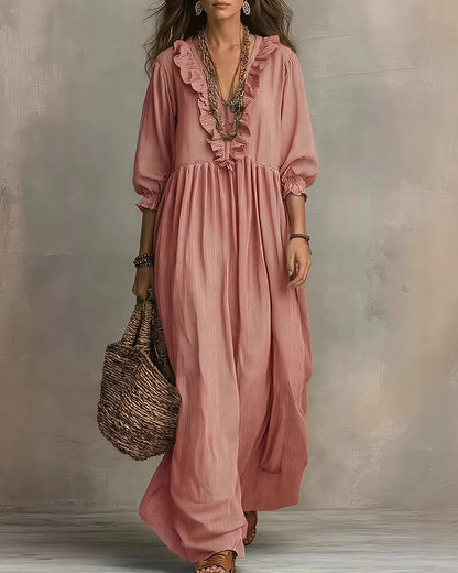Curvvvy™ Boho V-Neck Ruffle Striped Maxi Dress