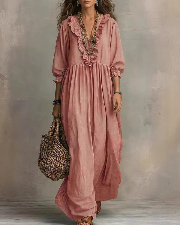 Curvvvy™ Boho V-Neck Ruffle Striped Maxi Dress