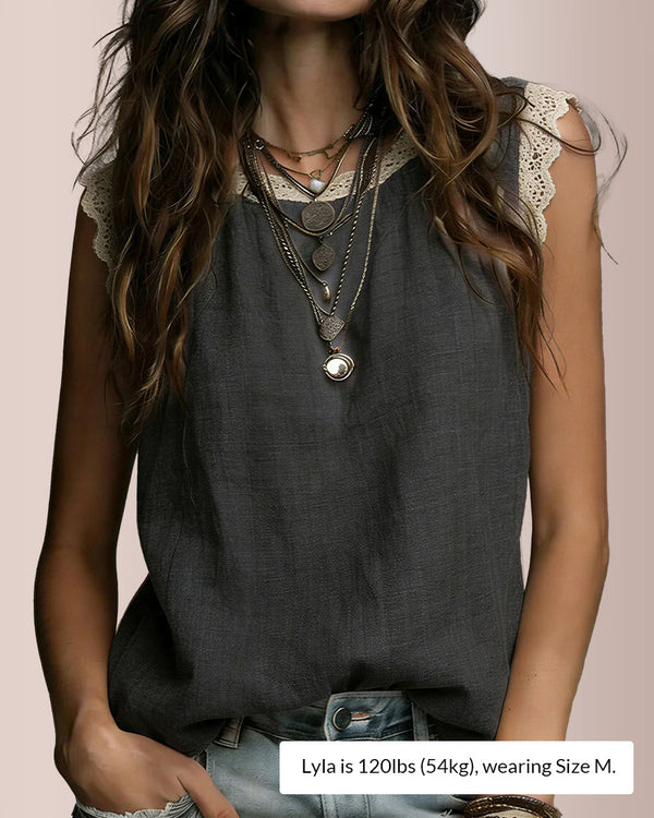 Curvvvy™ Boho Lace Trim Cotton Linen Sleeveless Top