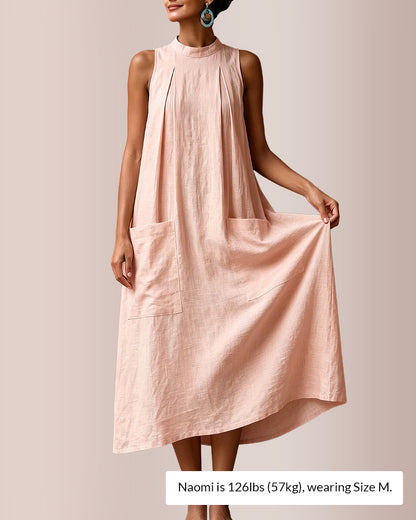 Curvvvy™ Sleeveless Stand Collar Linen Midi Dress with Pockets