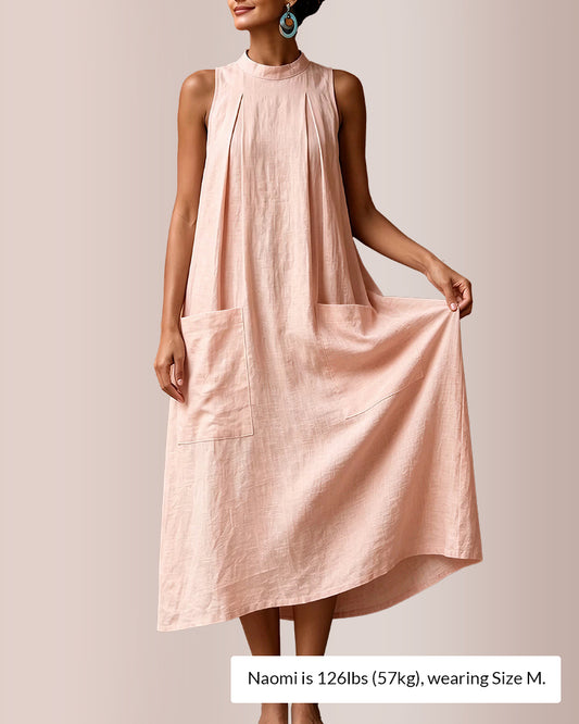 Curvvvy™ Sleeveless Stand Collar Linen Midi Dress with Pockets