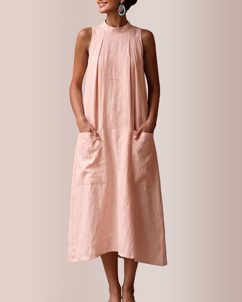 Curvvvy™ Sleeveless Stand Collar Linen Midi Dress with Pockets