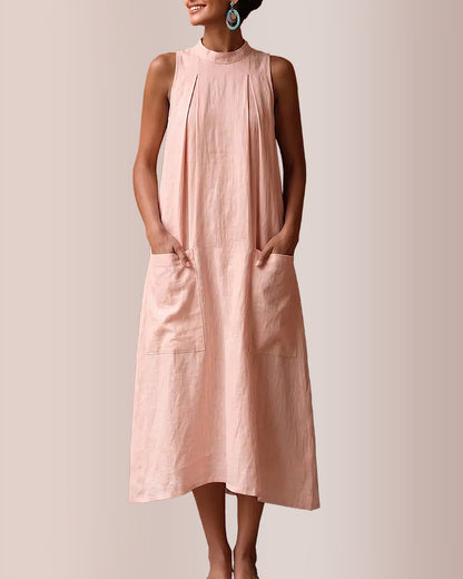 Curvvvy™ Sleeveless Stand Collar Linen Midi Dress with Pockets