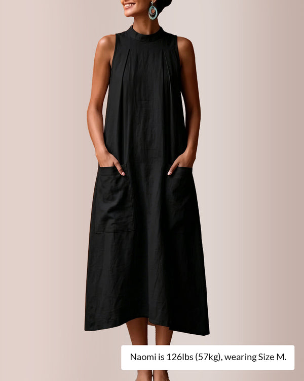 Curvvvy™ Sleeveless Stand Collar Linen Midi Dress with Pockets