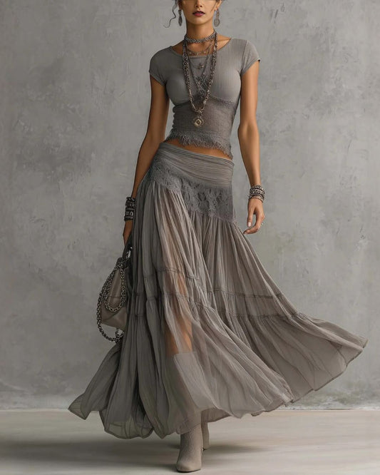 Curvvvy™ Lace Panel and Pleated Maxi Dress Set