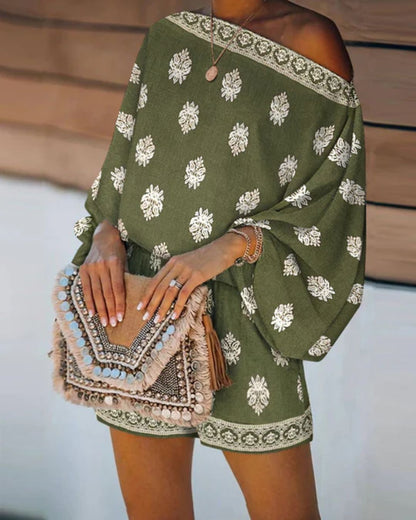 Curvvvy™ Boho Skew Neck Lantern Vacation Set Casual Vintage Baroque Print