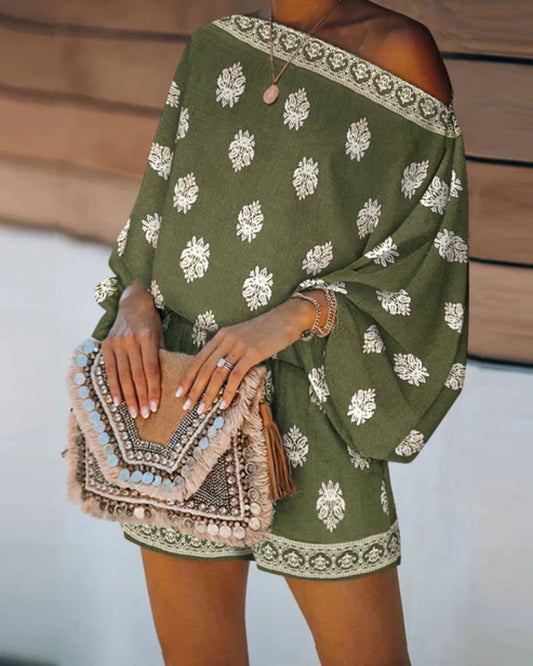 Curvvvy™ Boho Skew Neck Lantern Vacation Set Casual Vintage Baroque Print