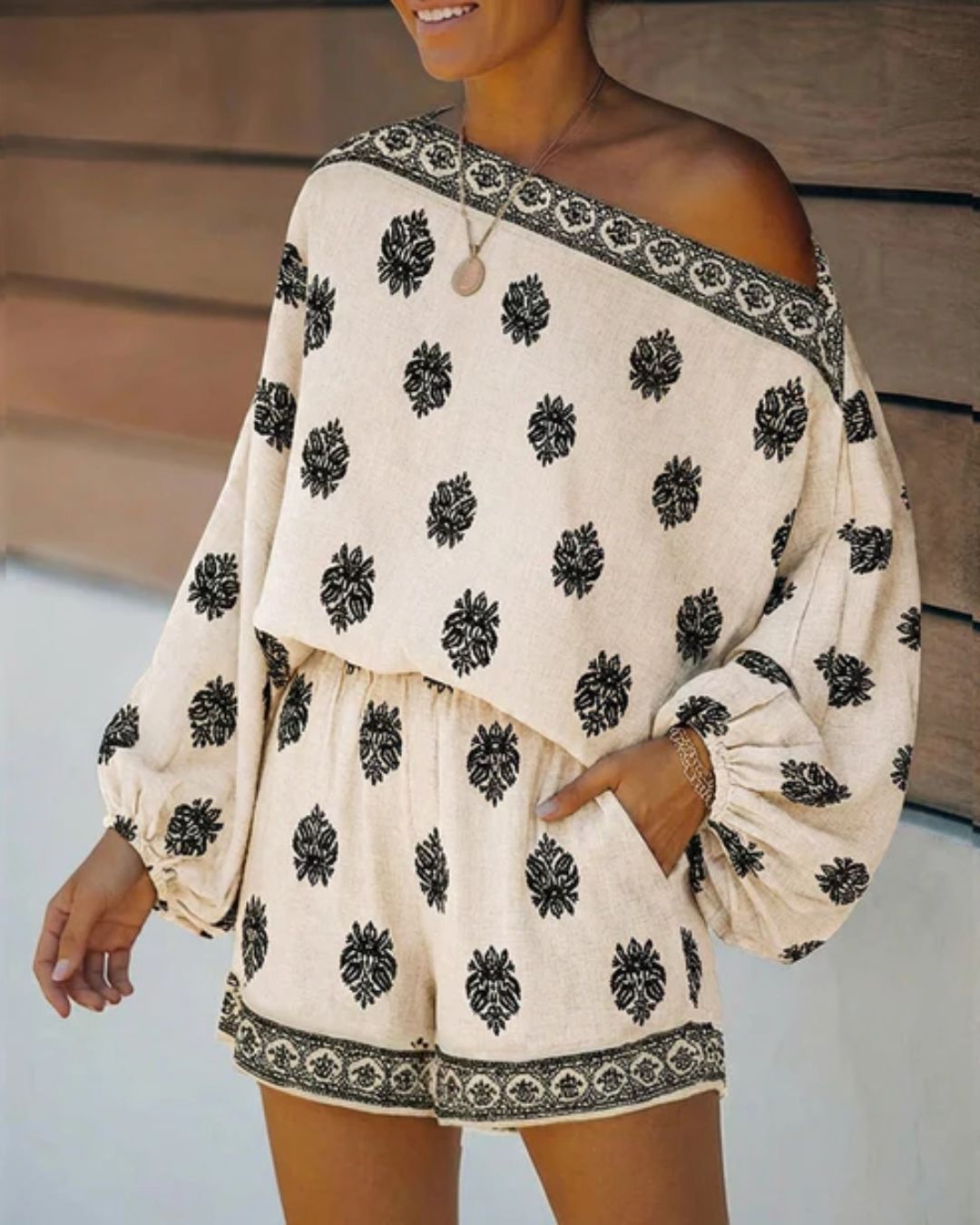 Curvvvy™ Boho Skew Neck Lantern Vacation Set Casual Vintage Baroque Print