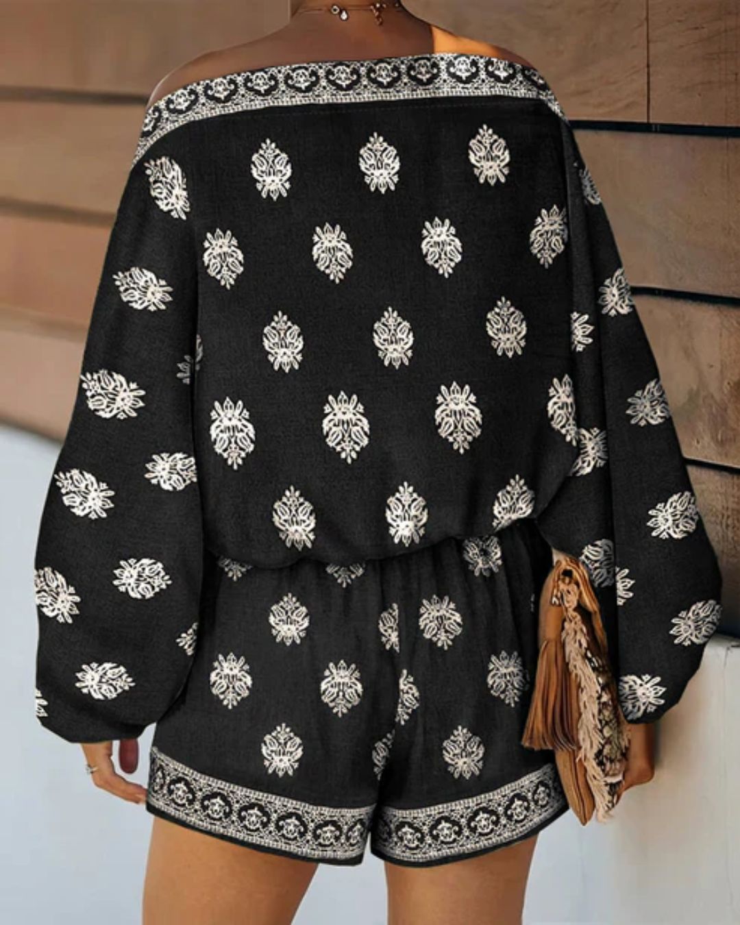 Curvvvy™ Boho Skew Neck Lantern Vacation Set Casual Vintage Baroque Print