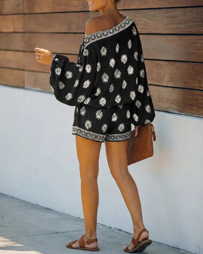 Curvvvy™ Boho Skew Neck Lantern Vacation Set Casual Vintage Baroque Print