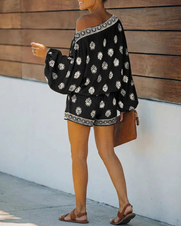 Curvvvy™ Boho Skew Neck Lantern Vacation Set Casual Vintage Baroque Print