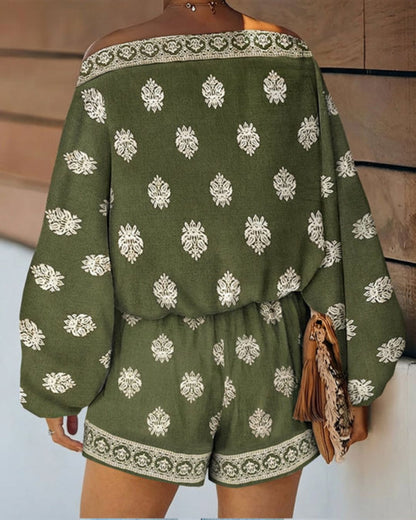 Curvvvy™ Boho Skew Neck Lantern Vacation Set Casual Vintage Baroque Print