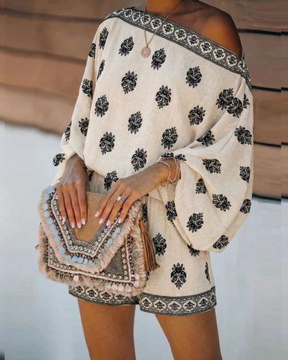 Curvvvy™ Boho Skew Neck Lantern Vacation Set Casual Vintage Baroque Print