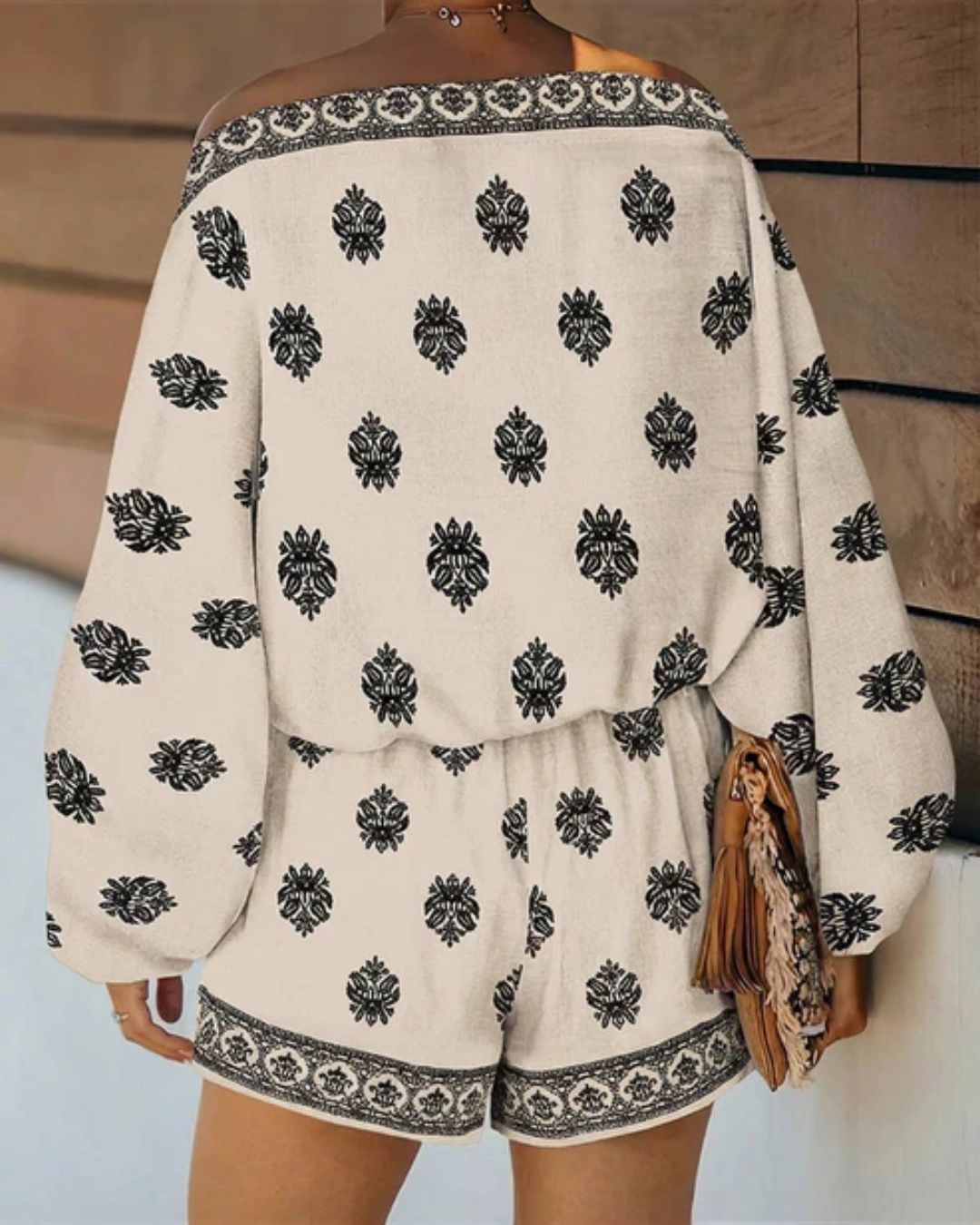 Curvvvy™ Boho Skew Neck Lantern Vacation Set Casual Vintage Baroque Print