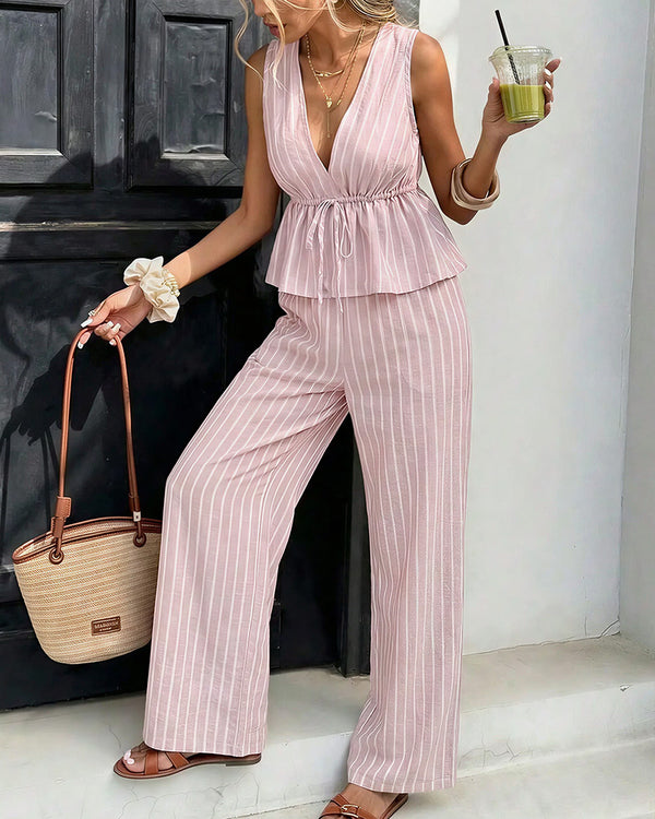 Curvvvy™ Striped V-Neck Peplum & Wide Leg Pants Two-Piece Set