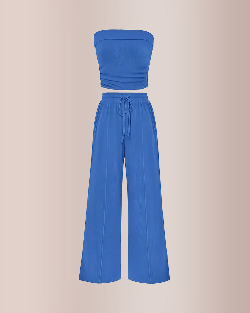 Curvvvy™ Ribbed Strapless Tube Top & Wide Leg Pants Two-Piece Set