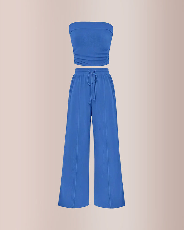 Curvvvy™ Ribbed Strapless Tube Top & Wide Leg Pants Two-Piece Set
