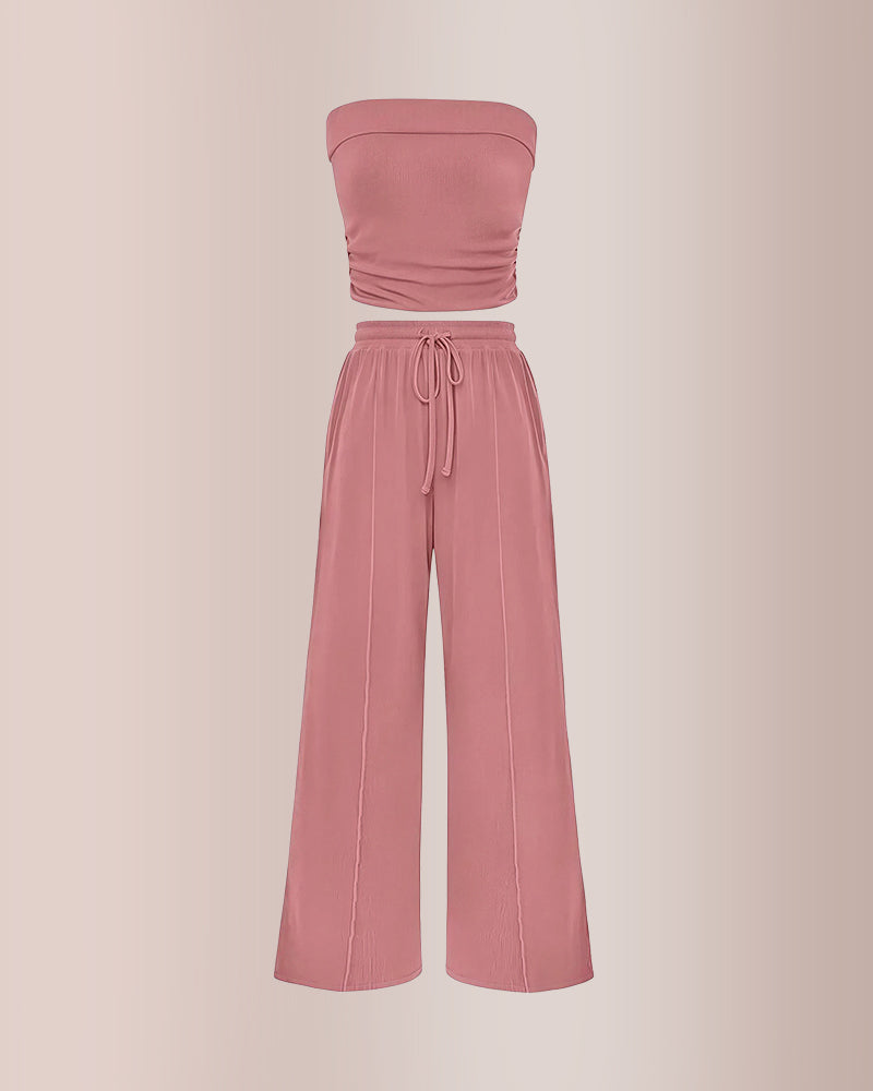 Curvvvy™ Ribbed Strapless Tube Top & Wide Leg Pants Two-Piece Set