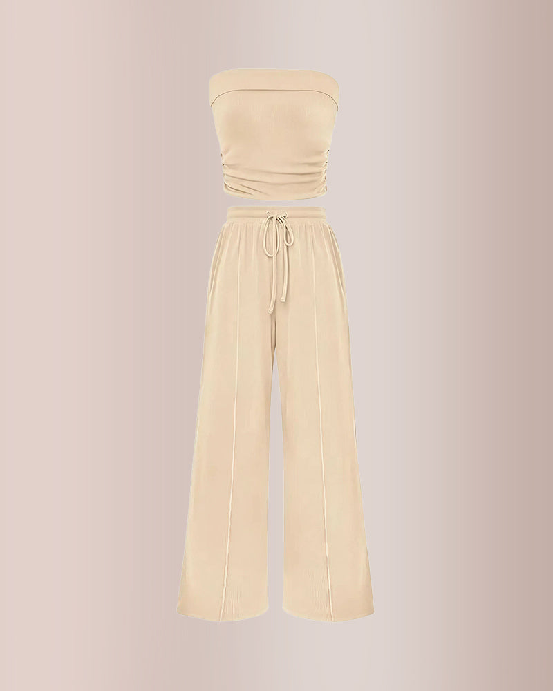 Curvvvy™ Ribbed Strapless Tube Top & Wide Leg Pants Two-Piece Set