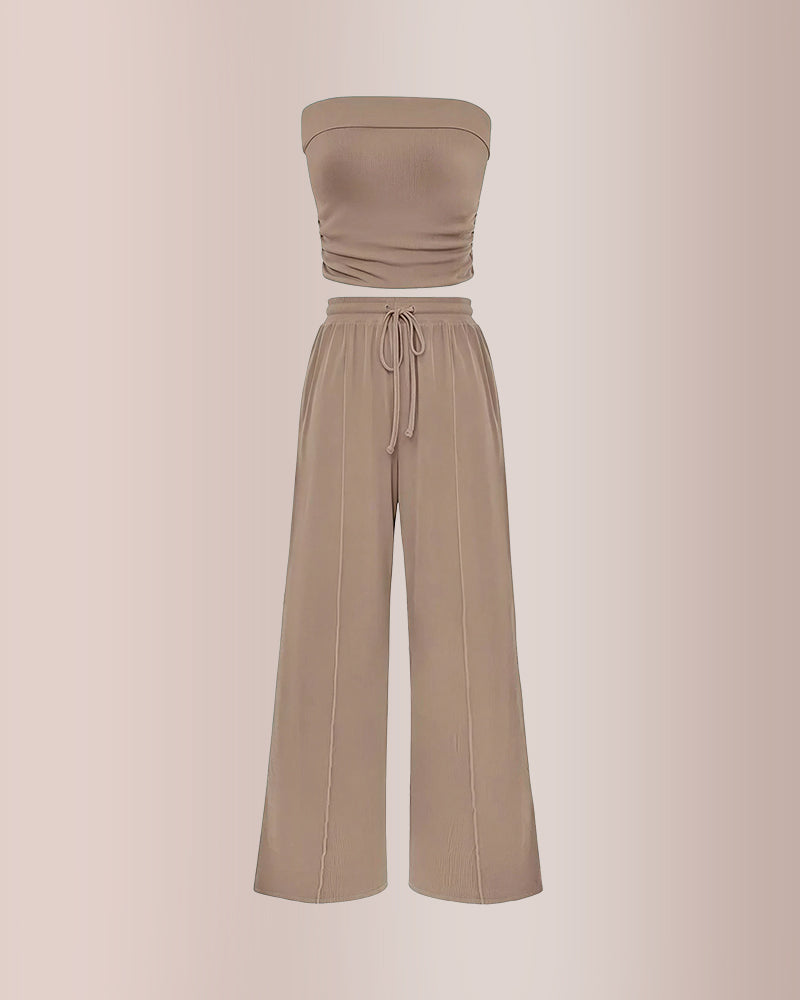 Curvvvy™ Ribbed Strapless Tube Top & Wide Leg Pants Two-Piece Set
