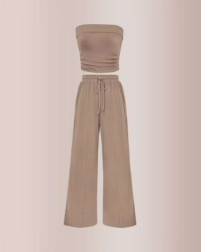 Curvvvy™ Ribbed Strapless Tube Top & Wide Leg Pants Two-Piece Set