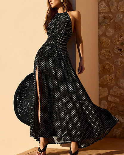 Curvvvy™ Dot Halter Neck Backless Maxi Dress with Slit