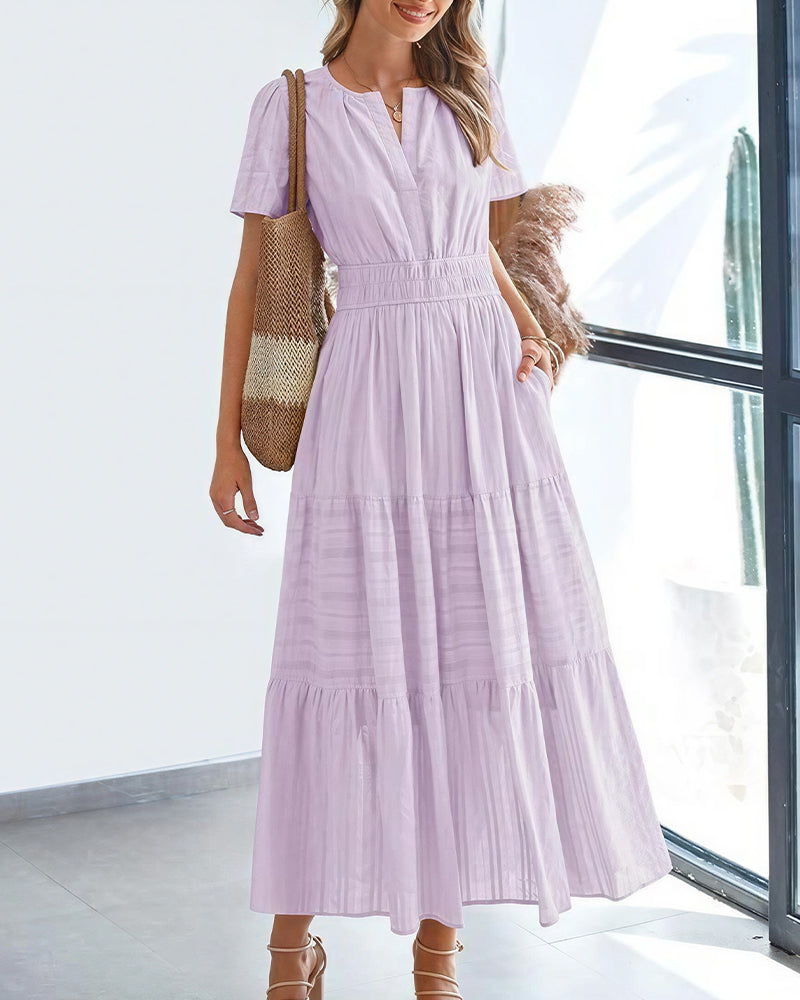 Curvvvy™ V-Neck Smocked Puff Sleeve Tiered Maxi Dress