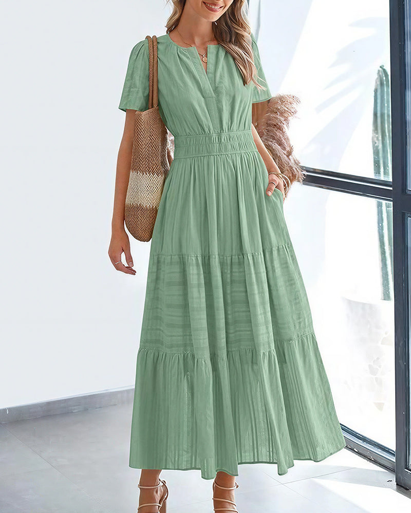 Curvvvy™ V-Neck Smocked Puff Sleeve Tiered Maxi Dress