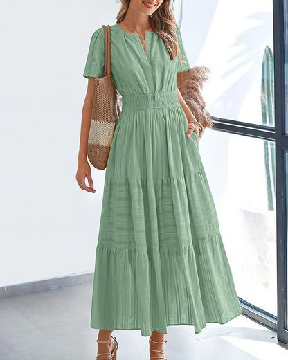 Curvvvy™ V-Neck Smocked Puff Sleeve Tiered Maxi Dress