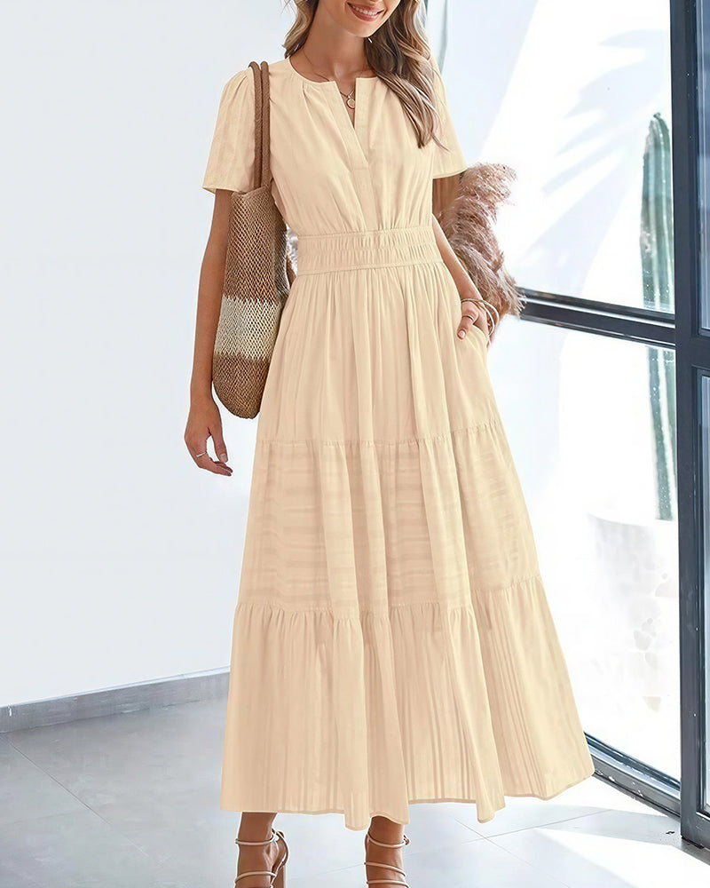 Curvvvy™ V-Neck Smocked Puff Sleeve Tiered Maxi Dress
