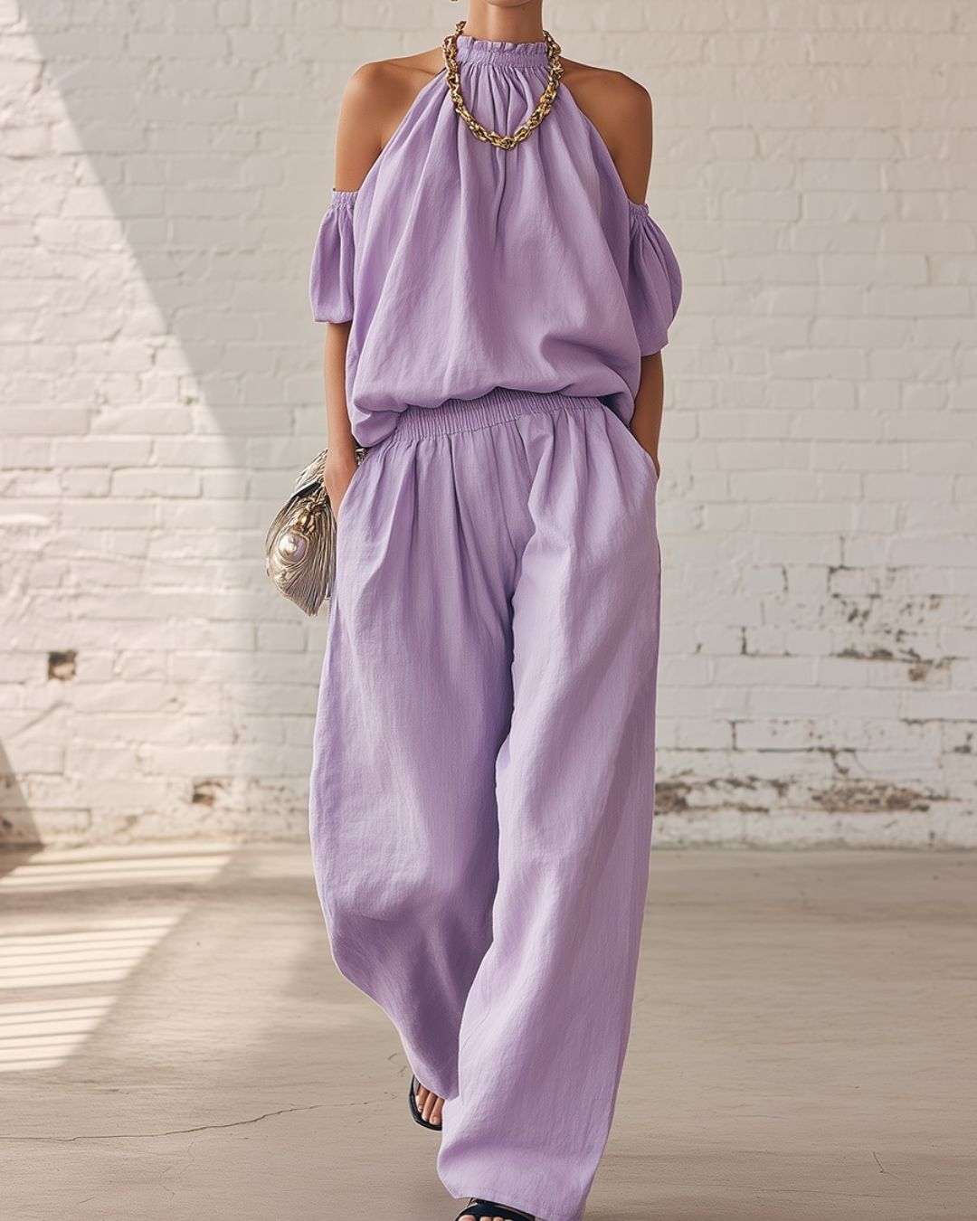 Curvvvy™ Folds And Halter Closure Casual Wide Leg Pants Set