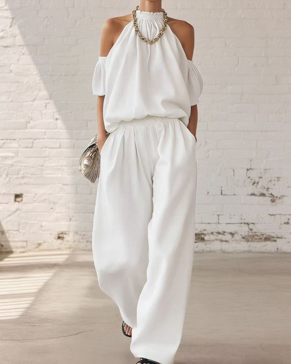 Curvvvy™ Folds And Halter Closure Casual Wide Leg Pants Set