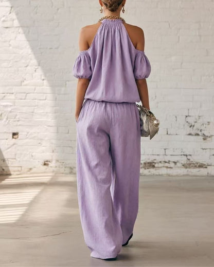 Curvvvy™ Folds And Halter Closure Casual Wide Leg Pants Set