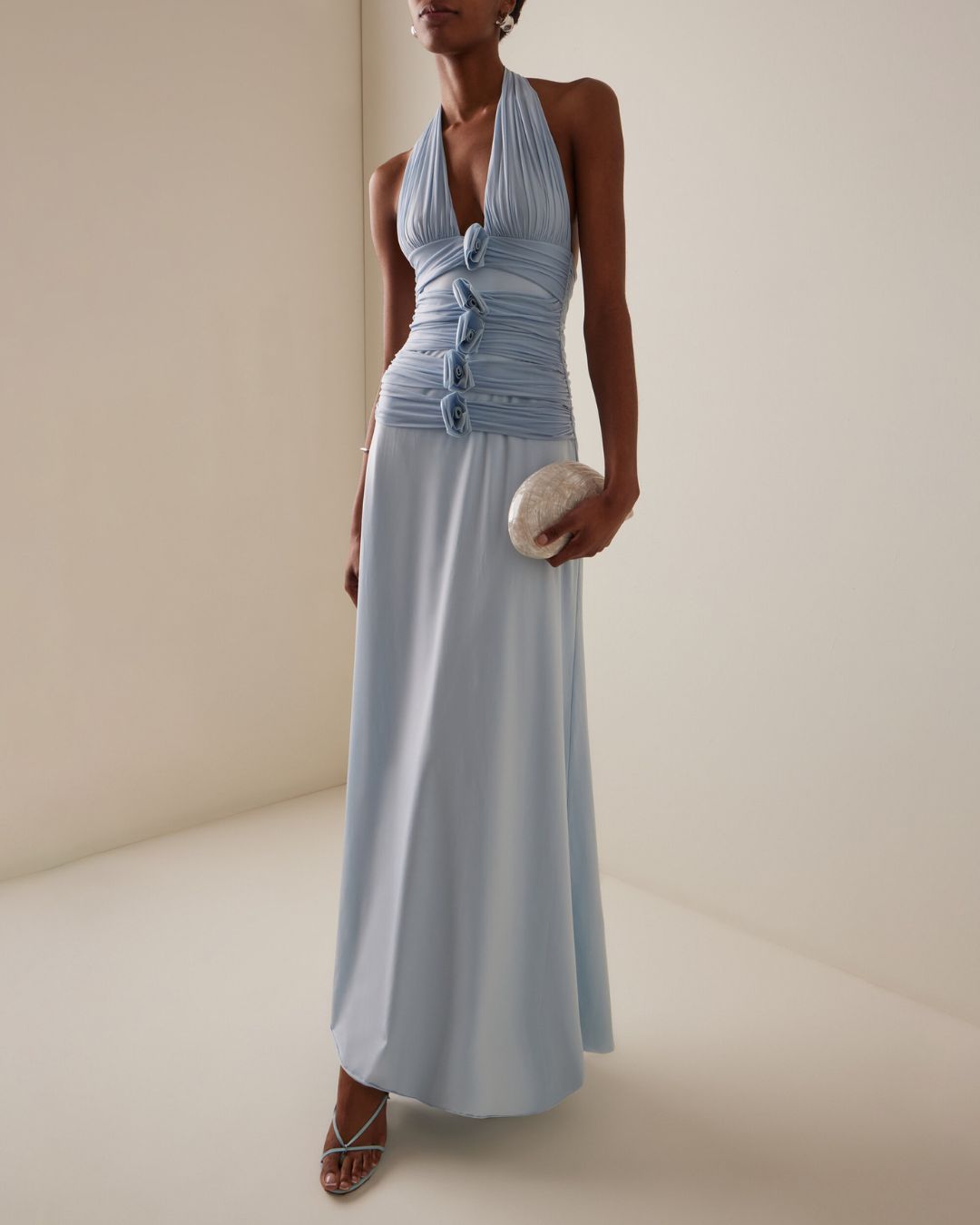 Curvvvy™ Blue Camellia Appliquéd Halterneck Maxi Dress