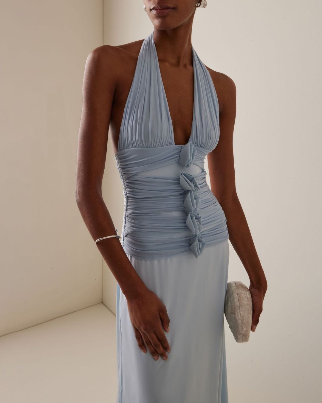 Curvvvy™ Blue Camellia Appliquéd Halterneck Maxi Dress