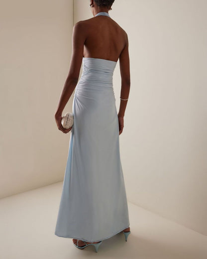 Curvvvy™ Blue Camellia Appliquéd Halterneck Maxi Dress