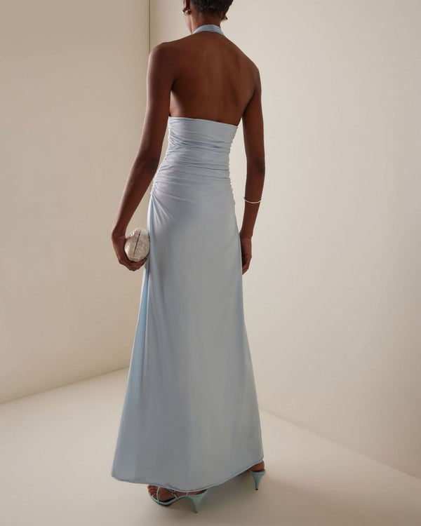 Curvvvy™ Blue Camellia Appliquéd Halterneck Maxi Dress