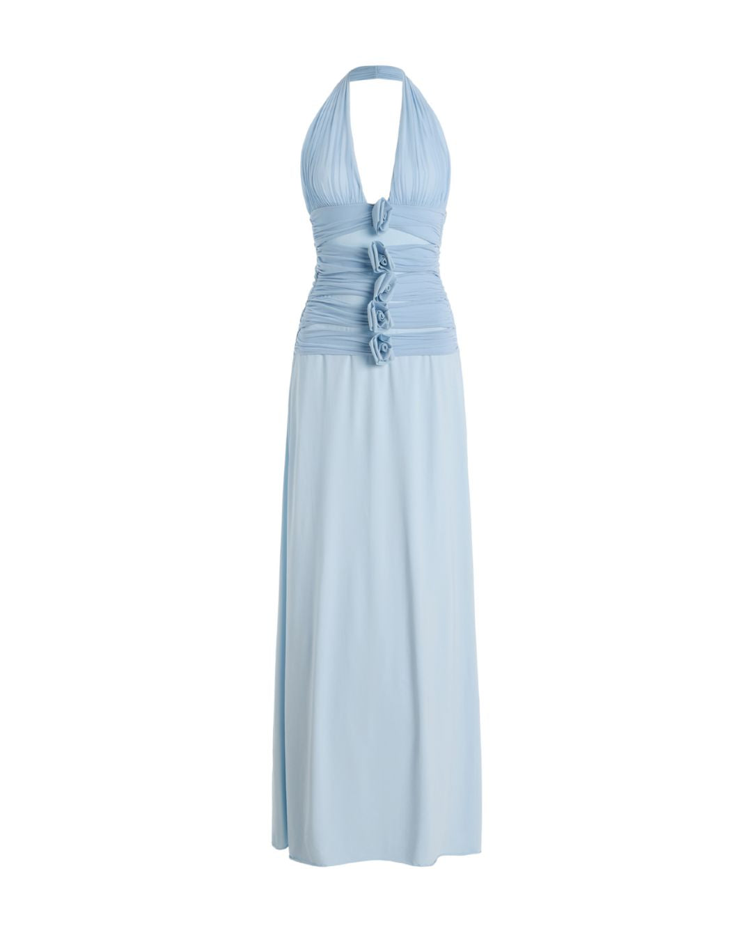 Curvvvy™ Blue Camellia Appliquéd Halterneck Maxi Dress