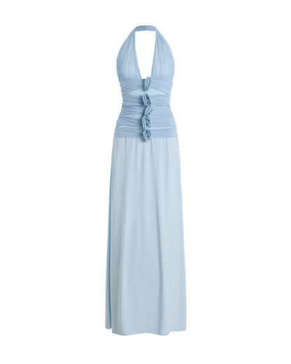 Curvvvy™ Blue Camellia Appliquéd Halterneck Maxi Dress