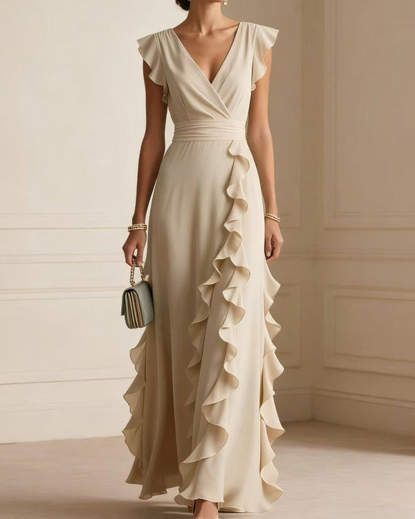 Curvvvy™ Ruffled V Neck Elegant Slit Maxi Dress
